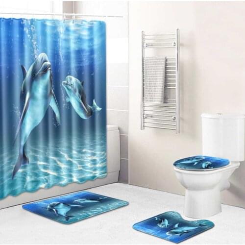 Dolphin Printed Pattern Shower Curtain Bathroom Mats Anti Slip Pedestal Rug Lid Toilet Cover Mat Bath Mat Set Bathroom Curtains