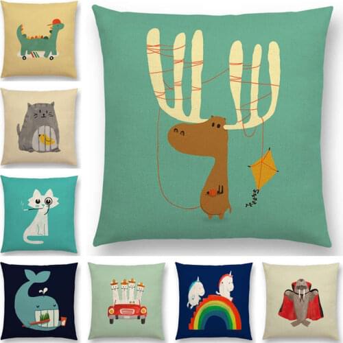 Hot Sale Funny Cartoon Cute Animals Good Friends Happy Days Cat Moose Elephant Unicorn Whale Colorful Cushion Cover Pillow Case