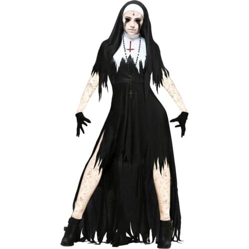 Halloween Nun Cosplay Costume Women Black Vampire Fantasy Dress Terror Sister Party Disguise Female Fancy For Adults