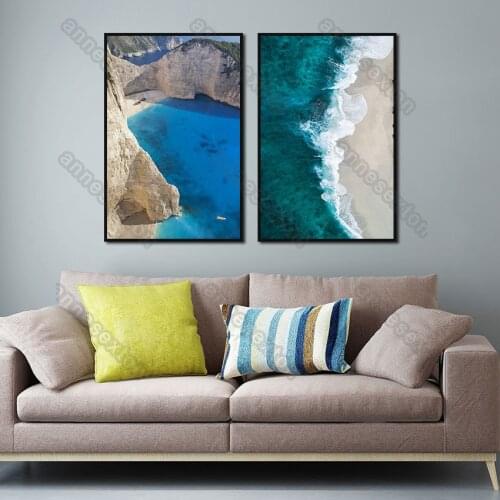 Modern Style Canvas Painting Poster and Print Seaside Scenery Stones Blue or Green Seawater for Home Rooms Gallery Wall Decorati