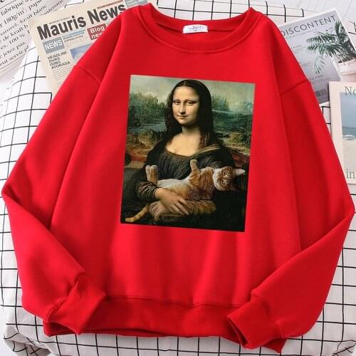 Oil Painting Mona Lisa And Cat Sweatshirts Fleece Sleeve Clothes Autumn Fleece Pullover Wowofemale Loose Fashion Pullover Hoody