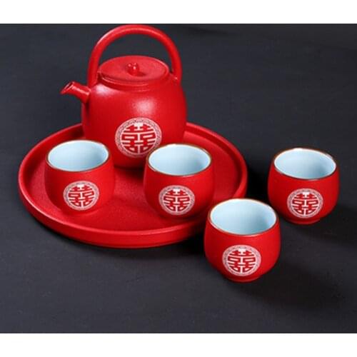Chinese Wedding Ceramic Tea Pot Cup Tray Set China red double happiness Porcelain Tea Service Set for Adults Teaware