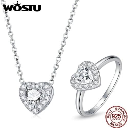 WOSTU S925 Sterling Silver Elegant Shiny Heart Zircon Ring & Necklace Jewelry Sets For Women Love Fashion Jewelry S231