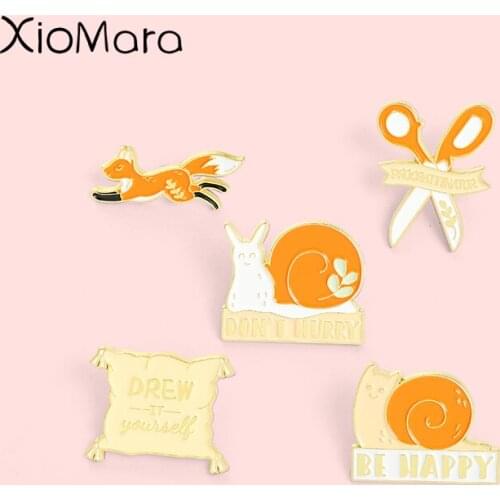 Orange Animal Collection Enamel Pins Custom Fox Snails Scissors Brooch Lapel Badge Shirt Bag Cartoon Jewelry Gift For Women Girl