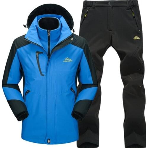 2 piece set ski suit Fleece liner Hiking jacket & Pants Mens Winter Outdoor thick Thermal coat Waterproof Windproof Hiking suit