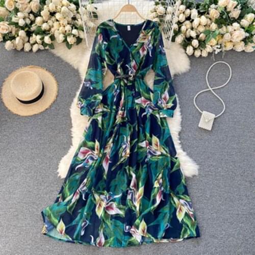 Summer Fall Women New Lily Flower Chiffon Printed Dress Vestidos Womens Vacation V-Neck With Belt Big Swing Beach Midi Dress