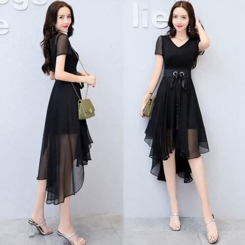 Summer fashion new popular womens Korean version was thin chiffon dress summer Office Lady Polyester Mesh Knee-Length