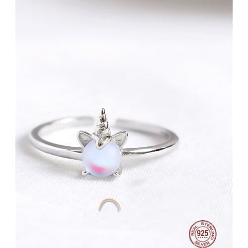 LKO Fashion Cute Unicorn Ring Adjustable Moonstone Opening Rings for Women Charm Jewelry for Daughter Birthday Wedding Ring