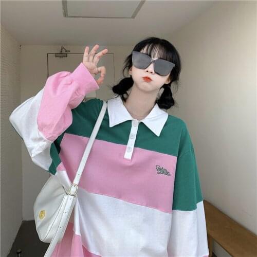 Maxxo Korean Style Fashion Polo Shirt Stripe Long-Sleeved T-Shirt Kawaii For Girls Oversize Tee Aesthetic Clothes Women Goth Y2k