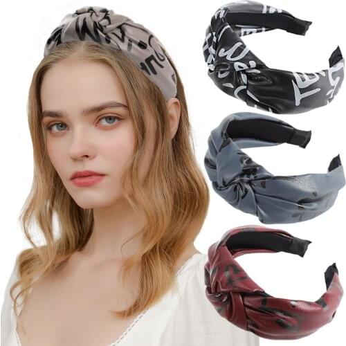 Women Hair Band PU Leather Hairbands Retro Knotted Headbands Letters Pattern Hair Hoop Elegant Bezel Hair Accessories Headdress