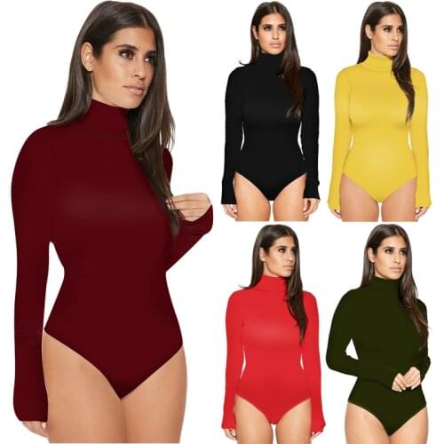 Autumn Casual Turtleneck Thin Skinny Women Basic Bodysuit Long Sleeve Top Office Lady Elastic Elegant Solid Jumpsuits High Waist