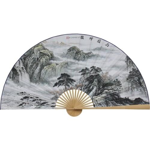 Large Folding Paper Fan Chinese Style Crafts Banboo Frame Background Decorative Fan Hanging Landscape