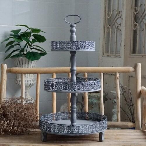 Handmade metal circle shabby and chic wooden tray with 3 tiers