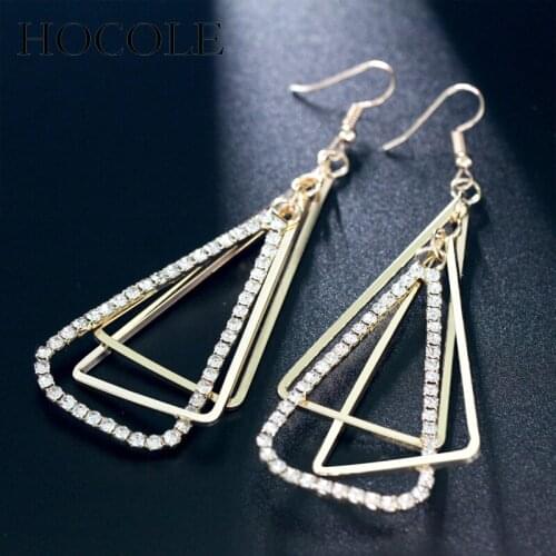 HOCOLE Rhinestone Triangle Long Drop Earrings Gold Silver Color Multi-layer Dangle Earrings for Women Statement Jewelry Gift