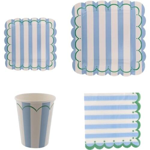 Event Party Supplies Pink & Blue Stripled Dinnerware Set Disposable Tableware Kits With Paper Plates, Cups, Napkins 44pcs