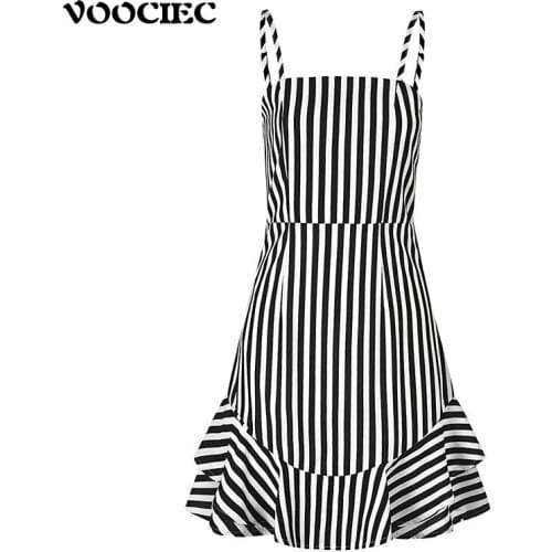 VOOCIEC 2020 Summer Striped Sling Dress Sexy Chiffon beach dress with open back Slim womens dress