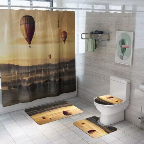 Dark Yellow Romantic Hot Air Balloon 3D Printed Waterproof Shower Curtain Toilet Cover Mat Set Bathroom Decoration with 12 Hooks