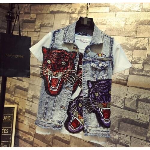 Spring autumn womens casual tiger head embroidery sleeveless jacket female vintage slim Tank top Jean jacket TB3380