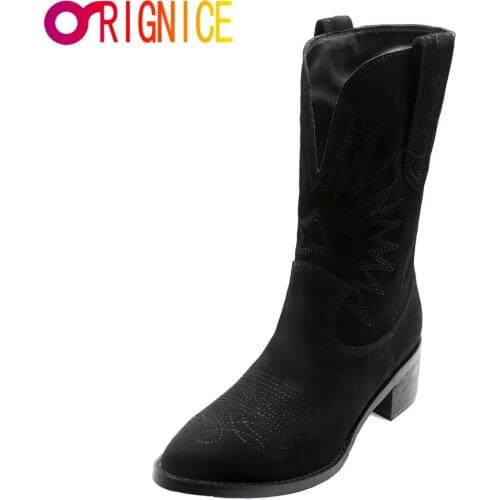 Orignice Latest Western Motorcycle Mid Calf Boots Women Autumn Winter Solid Color Square Heels Pointed Toe Retro Working Shoes