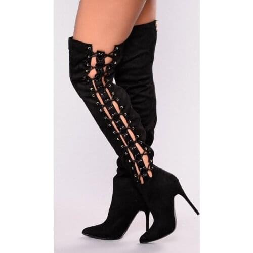 Fashion Woman Eyelet Crosstie Thigh Boots Thin High Heels Over The Knee Boots Summer Side Lace up Boots Mujer Shoes Woman