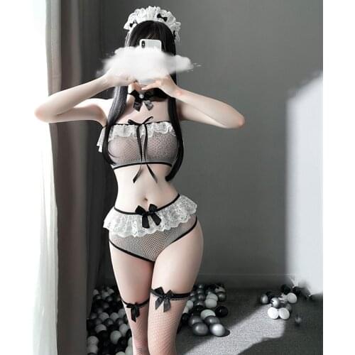 Womens Erotic Lingerie Sexy European-style Cream Sweetheart Netting Stockings Uniform Suit Maid Cosplay Costume Kawaii Pajamas