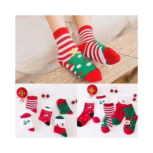 5Pairs Christmas 100% Cotton Baby Boys Girls Winter Socks New Year Striped Keep Warm Floor Anti-skid Childrens Socks 2-12 Years