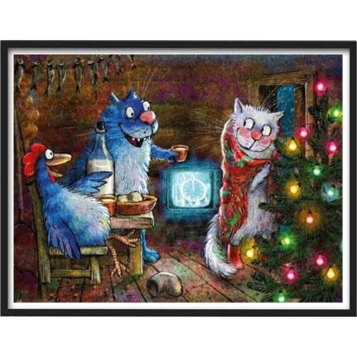 Full Square Round 5d Diy Diamond Painting Embroidery Cartoon Cat Christmas Tree Diamond Mosaic Pattern Handmade A2268