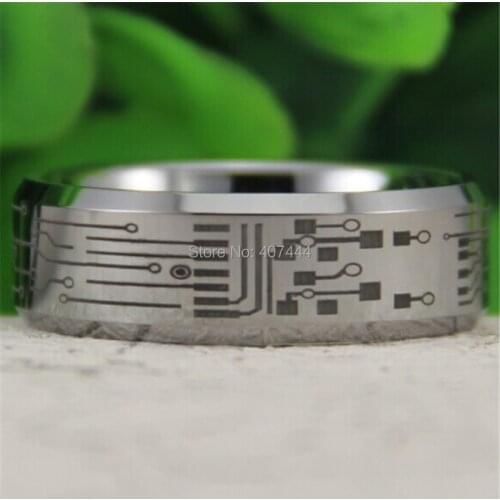 Free Shipping YGK JEWELRY Hot Sales 8MM Silver Bevel CIRCUIT BOARD Design Mens Comfort Fit Tungsten Wedding Ring