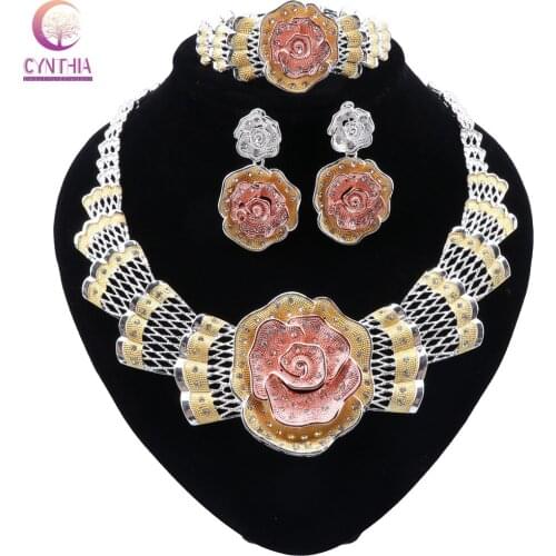 CYNTHIA New Fashion Jewelry Sets Multicolor Bridal Wedding Crystal Dubai Gold Jewelry Sets for Women Necklace Earrings Set
