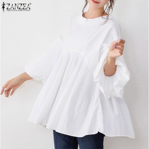 Elegant Pleated Shirts Womens Spring Solid Blouses ZANZEA 2021 Casual Puff Sleeve Blusas Female O Neck Tops Plus Size Tunic