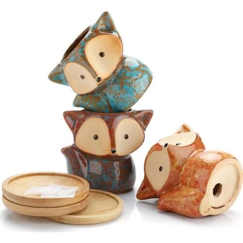 Ceramic Succulent Planter Pot Foxes Shaped Cute Cactuses Plant Pot with Bamboo Tray for Home Office Desk Decoration J99S
