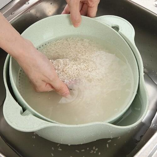 Washing Basket Double Drain Basin Sink Washing Rice Bowl Fruit Tray Drain Basket Wash Rice Basket Kitchen Strainer Noodles Veget