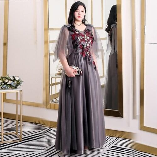New Evening Dresses A-line V-Neck Lace Half Sleeve Embroidery Women Party Dress Floor-length Elegant Plus Size Formal Gowns D412