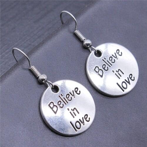 Vintage Antique Silver Color 20x20mm Believe In Love Tag Charms Dangle Earrings Drop Earrings Women Party Gift