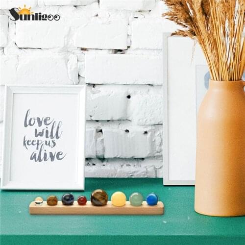 Sunligoo Solar System 8 Planets Crystal Sphere Ball Collective Figurines Handmade Natural Stone Wooden Stand Planets Home Decor