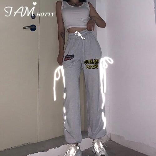 Reflective Lace Up Joggers Sweatpants Women Graphic Hip Hop Aesthetic Loose Baggy Cargo Pants Capri Female Streetwear Iamhotty