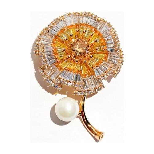 New Korean Luxury Double-layer Sunflower Brooch Pin with Pearl Fashion Cubic Zirconia Women Pins Brooches Suit Jacket Jewelry