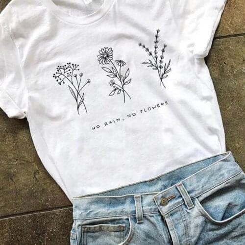 Harajuku No Rain No Flowers T Shirt Women Summer Simple Garden Farm Print T-shirt White Soft Cotton Tops Tee Girls Clothing