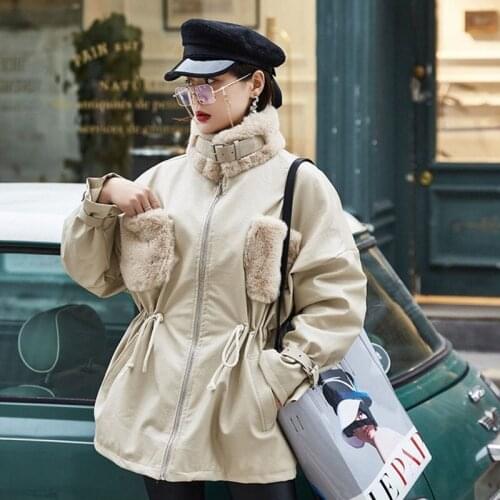 Winter 2021 Plus Size Lace Up Locomotive Lamb Coat Women Long Sleeve Short Loose Parka Plus Velvet Thick Pu Faux Jacket Fashion