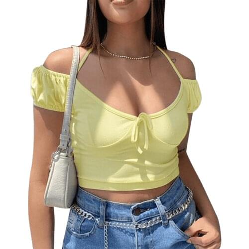 New Women Casual Short Sleeve T-Shirt Fashion Solid Color Halter Bandage Exposed Navel Top Yellow Pink Purple Street Style S M L