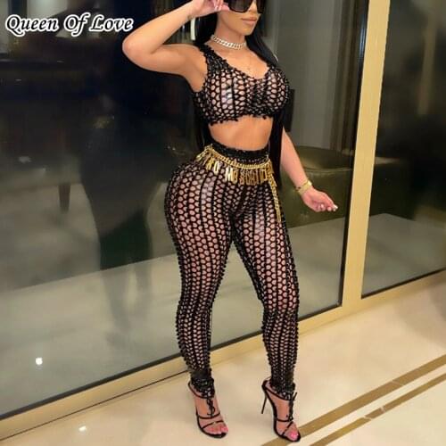 Sexy Hollow Out Elastic Pants Outfits 2021 Summer Streetwear Club Party 2 Piece Women Crop Top And Skinny Pant Matching Set