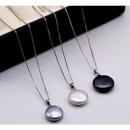 Woman pendant, Baroque natural pearl, white / black / silver grey, silver coin shape, 925 sterling silver necklace