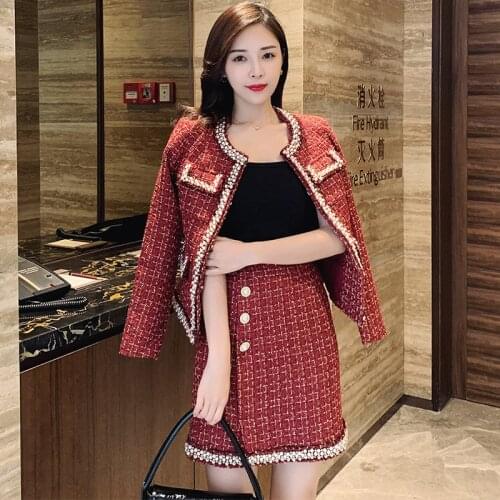 Autumn Winter Women Wool Tweed Thick 2 Piece Set Ladies Pearl Cardigan Fringed Trim Pocket Jacket Coat+Pencil Mini Skirt Suit