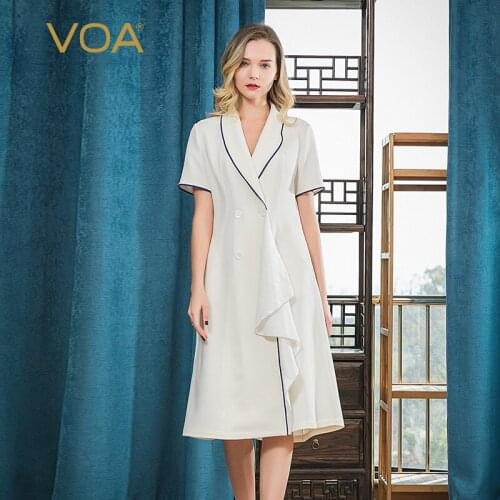 VOA Silk 60mm White Heavy Green Fruit Collar Bump Blue Edging Large Lotus Leaf Placket A10813 Woman Dress Summer 2021