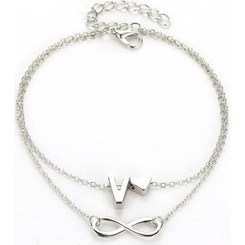 Golden Double Chains Figure Twisting band Heart Shape Initial Letter T-Z Alphabet Alloy Anklets For Women