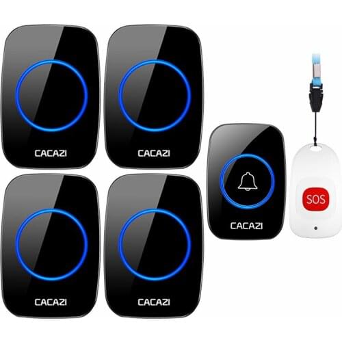 CACAZI Smart Home Wireless Pager Doorbell Old man Emergency Alarm Call Bell US EU UK Plug 80m Remote 1 button 1 pager 4 Receiver