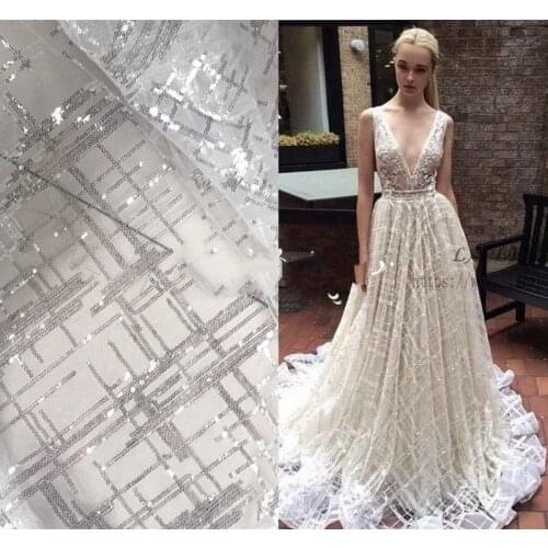 1Y/Lot sequins fabric DIY material mesh lace 5colours Stripe Lace Sequin Fabric for Wedding Dress accessories