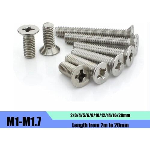 DasHex 100PCS M1/M1.2/M1.4/M1.6/M1.7 Length 2mm-20mm Flat Head Countersunk Head Screws 304 Stainless Steel