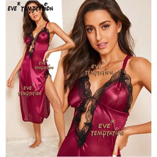 HOT Sexy lace Satin Babydolls Lingerie Underwear Chemises Open fork Long skirt baby doll dress product erotic red+T-back W268