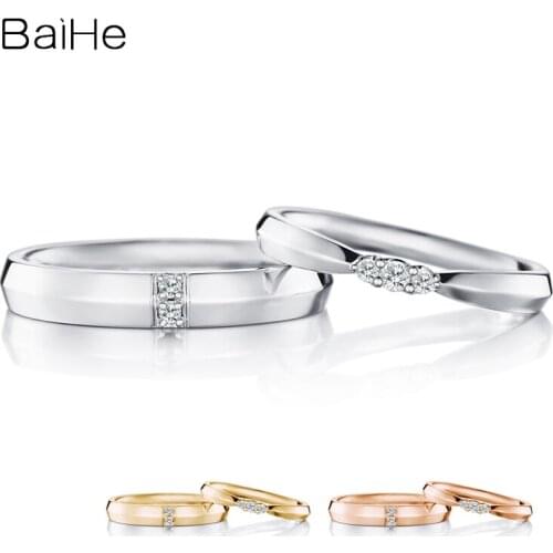 BAIHE Solid 18K White Gold 0.12CT H/SI Round Natural Diamonds Ring for Women Man Ring Trendy Fine Jewelry Diamond Couple Ring